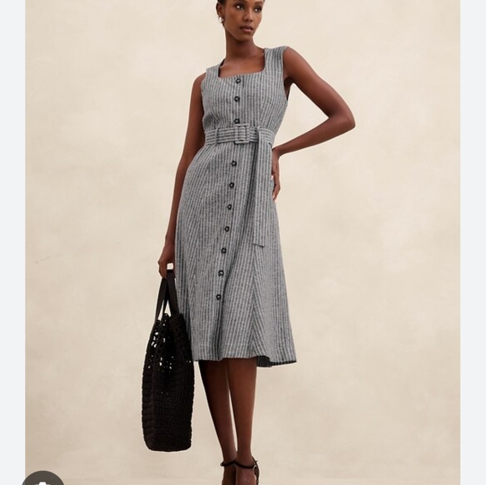 New Banana Republic Factory Linen Blend Button Front Midi Dress Blue Size 16